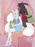 anthro beverage black_body clothing detailed_background duo female hair long_hair multicolored_hair party plushie red_eyes slumber_party tea two_tone_hair underwear white_body ansart canid canine felid feline fox mammal 3:4