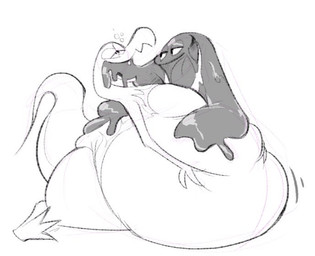 ambiguous_gender anthro belly big_belly claws duo expansion female force_feeding forced goo-connected_lips inflation nude obese obese_anthro obese_female open_mouth overweight overweight_anthro overweight_female simple_background slime slime_inflation tail thick_thighs wide_hips boot_(artist) nintendo pokemon generation_1_pokemon generation_7_pokemon goo_creature grimer pokemon_(species) reptile salazzle scalie digital_media_(artwork) monochrome