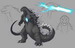 4_fingers 4_toes atomic_breath back_spikes blue_glow breath_powers chest_scar claws eye_scar facial_scar feet fingers front_view frown glowing glowing_scar grey_background grey_body grey_scales long_tail male mouth_closed multiple_poses muscular muscular_male open_mouth pose pupils scales scar scars_all_over sharp_teeth side_view simple_background slit_pupils solo spikes spikes_(anatomy) standing tail tail_spines teeth toe_claws toes yellow_eyes geekgoji godzilla_(series) toho godzilla kaiju monster reptile scalie hi_res