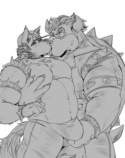 anthro biceps black_hair bottomwear bulge clothed clothing duo eyes_closed fur grope hair horn jewelry kissing male male/male muscular muscular_anthro muscular_male paws shell simple_background spikes tail white_body white_fur quietscrappy mario_bros nintendo bowser langdon_marston canid canine canis domestic_dog husky koopa mammal nordic_sled_dog scalie spitz absurd_res hi_res monochrome