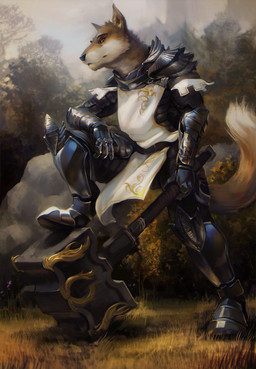 anthro armor black_armor black_nose brown_body brown_fur brown_tail cheek_tuft clothed clothing facial_tuft fur hammer head_tuft holding_hammer holding_maul holding_melee_weapon holding_object holding_tool holding_weapon looking_at_viewer male male_anthro maul melee_weapon mouth_closed orange_eyes outside plant rock shrub solo standing tail tools tuft weapon white_body white_fur white_tail darkgem diegodadingo canid canine canis dingo mammal detailed full-length_portrait portrait