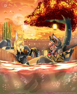 anthro bamboo barefoot bikini black_bikini black_clothing black_footwear black_sclera black_swimwear blonde_hair blush breasts bubble clothed clothing cloud detailed_background duo eyelashes falling_leaves feet female fence footwear green_eyes hair hindpaw horn hot_spring inner_ear_fluff lamp lantern lens_flare orange_hair orange_inner_ear_fluff outside partially_submerged paws pink_nose plant red_bikini red_clothing red_eyes red_swimwear sky sunset swimwear text tongue tongue_out tree tuft two-piece_swimsuit water wood wood_fence jvbax claire_bordeaux jenna_bax mammal unknown_species digital_media_(artwork) hi_res shaded signature url