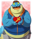 anthro belly biceps blue_body blue_scales box_of_chocolates candy chocolate clothing dessert food green_sclera hat headgear headwear holidays looking_at_viewer male overweight overweight_male scales scar sharp_teeth sleeveless_hoodie smile solo standing teeth pokelai lifewonders tokyo_afterschool_summoners valentine's_day makara_(tas) crocodile crocodilian reptile scalie 5:6 absurd_res hi_res portrait three-quarter_portrait