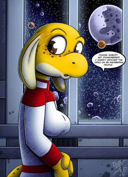 anthro breasts brown_eyes clothed clothing dialogue female freckled_face freckles jumpsuit medium_breasts non-mammal_breasts solo tail text uniform yellow_body drake_fenwick drxii third-party_edit kobold_quest banana_kobold kobold reptile scalie color_edit colored digital_drawing_(artwork) digital_media_(artwork) english_text hi_res