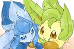 ambiguous_gender blush blush_lines duo feral fluffy fluffy_ears fluffy_tail front_view heart_symbol looking_at_viewer lying narrowed_eyes on_front paws simple_background smile tail joeri_kunisaki nintendo pokemon eeveelution generation_4_pokemon glaceon leafeon pokemon_(species)