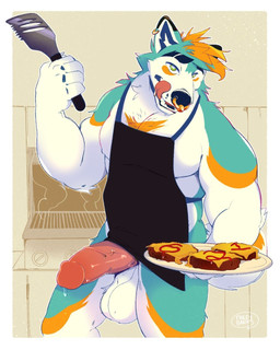 anthro apron balls bodily_fluids clothing ear_piercing erection facial_piercing fur genital_fluids genitals hair humanoid_genitalia humanoid_penis licking licking_lips male male_anthro nose_piercing nose_ring penis piercing plate precum ring_piercing solo spatula standing tongue tongue_out tools finleybarks nonstoppup 4:5 hi_res