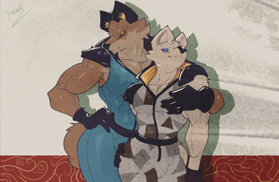 anthro barazoku belt biceps clothed clothing duo duo_focus fur gloves group handwear hug hugging_another hugging_from_behind male male/male muscular muscular_anthro muscular_male orange_body orange_fur pecs size_difference spikes white_body white_fur pinumontbalou epic_games fortnite fennix_(fortnite) volpez_(fortnite) arctic_fox canid canine canis fox mammal red_fox true_fox hi_res brother_(lore) brothers_(lore) incest_(lore) sibling_(lore)