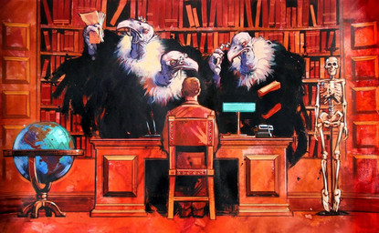 anthro avian_feet beak black_body black_feathers bone book claws clothed clothing desk electronics eyewear feathers furniture glasses globe group holding_object lamp library male office phone scales sitting skeleton table trio white_body white_feathers graham_humphreys island_of_dr_moreau edward_prendick accipitriform avian bird human mammal vulture concept_art