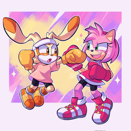 anthro boxing boxing_gloves clothing duo eye_contact female fight footwear gloves handwear looking_at_another open_mouth open_smile shoes simple_background smile sport sweatband lou_lubally sega sonic_the_hedgehog_(series) amy_rose cream_the_rabbit eulipotyphlan hedgehog lagomorph mammal 1:1 hi_res signature