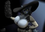 2021 absurd_res alcina_dimitrescu amber_eyes anthro big_breasts black_lips bow_experiment_(resident_evil) breasts cadou_host_(resident_evil) canid canine canis capcom cleavage clothed clothing dialogue dildo dress english_text fangs female hat headgear headwear hi_res high-angle_view huge_dildo jewelry lips looking_at_viewer mammal mature_anthro mature_female max_blackrabbit necklace raven_hunt resident_evil sex_toy smile solo sun_hat sundress teeth text vampire wide_brim_hat wolf