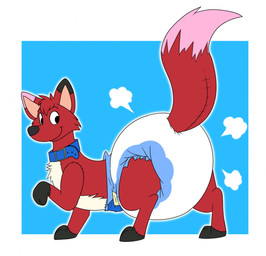 ambiguous_gender big_diaper black_body black_ear_tips black_nose blue_background blue_collar border clean_diaper clothed clothing cloud_emanata collar diaper diaper_puff dipstick_ears dipstick_tail ear_markings emanata feral fur gloves_(marking) leg_markings looking_back markings multicolored_body multicolored_ears multicolored_fur multicolored_tail pink_body pink_ear_tips pink_fur pink_tail pink_tail_tip plushie red_body red_fur red_tail seam_(sewing) side_view simple_background smile socks_(marking) solo tail tail_markings tan_body tan_fur wearing_diaper white_border fang29 omikron_(diaperplush) animate_inanimate canid canine fox living_plushie mammal full-length_portrait hi_res portrait