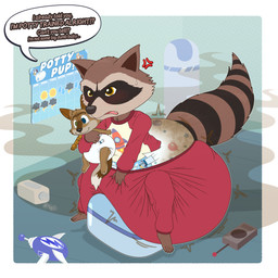 ageplay annoyed anthro big_diaper blush clothing dialogue diaper dishonesty embarrassed feces holding_object holding_plushie male oblivious orange_eyes pajamas plushie potty_chart roleplay short sitting soiled_diaper soiling solo speech_bubble talking_to_another text training_potty unclean_diaper used_diaper tenerius bluey_(series) guardians_of_the_galaxy marvel rocket_raccoon mammal procyonid raccoon 1:1 2025 absurd_res alternate_version_at_source english_text hi_res