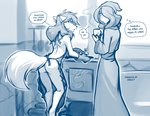 2020 adobe_photoshop_(artwork) anthro appliance apron apron_only arched_back bathrobe bent_over blue_and_white blush butt canid canine canis casual_exposure clothed clothing conditional_dnp container cup dialogue digital_media_(artwork) duo english_text female fluffy fluffy_tail food hair hair_over_eye hat headgear headwear hi_res holding_object human ineffective_clothing keidran kitchen kitchen_appliance mammal meat monochrome monotone_text mostly_nude nightcap one_eye_obstructed oven rear_view robe roselyn_(twokinds) saria_legacy sketch speech_bubble tail text thought_bubble tom_fischbach tray twokinds wolf