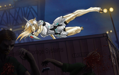 action_pose anthro armor barefoot blood bodily_fluids clothed clothing dark death digitigrade feet female fight glistening group gun hair handgun horn killing pistol pose ranged_weapon solo_focus text weapon tokaido mythology equid equine human mammal mythological_creature mythological_equine unicorn 2014 digital_media_(artwork) english_text