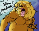 anthro belly brown_body brown_fur dialogue eyes_closed fur male musclegut muscular nipple_fetish nipple_pinch nipple_play nipples open_mouth pinch solo tongue pandottermon felid lion mammal pantherine