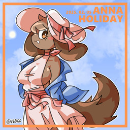 anthro big_breasts blue_clothing blue_topwear breasts brown_body brown_ears brown_fur brown_hair brown_tail clothing day dress emoji_description eyelashes female floppy_ears fur hair hat headgear headwear lop_ears orange_text outside pink_clothing pink_dress pink_hat pink_headwear side_boob sky smile solo tail text three-quarter_view topwear lnb anna_holiday canid canine canis domestic_dog mammal 1:1 2025 dated digital_drawing_(artwork) digital_media_(artwork) half-length_portrait portrait