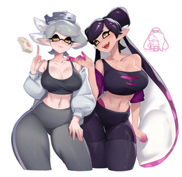 big_breasts bottomwear breasts butt butt_from_the_front clothing collarbone crop_top duo eyebrows eyelashes female humanoid_pointy_ears midriff mole_under_eye navel open_mouth pants pointy_ears pseudo_hair shirt tentacle_hair tentacles thigh_gap topwear wide_hips yellow_eyes little1234blood nintendo splatoon callie_(splatoon) marie_(splatoon) animal_humanoid aquatic cephalopod humanoid inkling mollusk mollusk_humanoid 2026