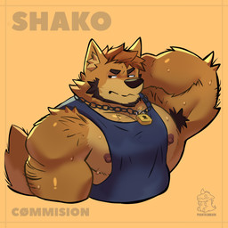 annoyed anthro areola armpit_hair armpit_tuft barazoku beard blue_clothing blue_shirt blue_tank_top blue_topwear bodily_fluids body_hair brown_body brown_fur brown_hair chain clothing erect_nipples facial_hair front_view frown fur hair half-closed_eyes hand_behind_head inner_ear_fluff lock logo looking_aside male muscular muscular_anthro muscular_arms muscular_male narrowed_eyes nipples orange_background pose shirt short_hair simple_background solo sweat sweatdrop sweaty_body sweaty_fur tank_top text topwear tuft phantasmbark canid canine mammal 1:1 artist_logo artist_name colored half-length_portrait hi_res portrait shaded watermark