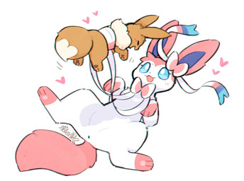 ambiguous_gender anus blue_eyes blush blush_lines bow_(anatomy) brown_body brown_fur dipstick_tail duo eyelashes eyes_closed featureless_crotch feral fur happy heart_symbol holding_another lying markings on_back open_mouth pawpads paws pink_body pink_fur ribbons_(anatomy) simple_background size_difference spread_legs spreading tail tail_markings white_body white_fur wolfwithwing nintendo pokemon eevee eeveelution generation_1_pokemon generation_6_pokemon pokemon_(species) sylveon 2026 hi_res signature