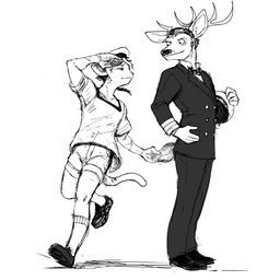 anthro antlers bow_tie clothing duo footwear formal_wear gesture hat headgear headwear holding_clothing holding_hat holding_headgear holding_headwear holding_object horn male male/male military_cap playful sailor_uniform salute socks tail tail_grab uniform hladilnik deer_admiral_(hladilnik) ship's_catboy_(hladilnik) deer domestic_cat felid feline felis mammal 1:1 2026 black_and_white hi_res monochrome