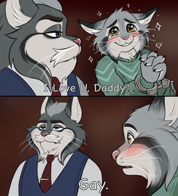 age_difference anthro bad_parenting big_eyes blush bodily_fluids brown_background claws clothed clothing cuff_(restraint) daddy_kink dialogue duo eyebrows facial_hair frown fur grey_body grey_fur hair half-closed_eyes handcuffed handcuffs heart_symbol humor i_love_you looking_at_another male mature_anthro mature_male metal_cuffs mustache narrowed_eyes necktie rejection restraints shirt simple_background smile standing sweater talking_to_another tears text topwear tuft unimpressed vest whiskers badfoxyspike disney zootopia milton_lynxley pawbert_lynxley canada_lynx felid feline lynx mammal comic comic_sans digital_media_(artwork) english_text hi_res meme multiple_scenes reaction_image father_(lore) father_and_child_(lore) father_and_son_(lore) parent_(lore) parent_and_child_(lore) parent_and_son_(lore) son_(lore)