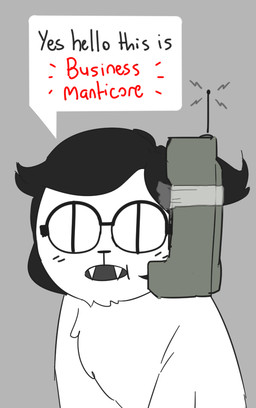 brick_phone eyewear fangs female feral glasses greeting grey_background simple_background solo teeth text wearing_glasses weeeeps iranian_mythology middle_eastern_mythology mythology undertale undertale_(series) business_manticore_(undertale) felid mammal manticore monster 2021 english_text