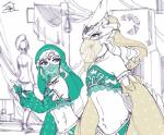 anthro beak clothed clothing crossdressing duo feathers femboy gerudo_outfit hair jewelry kemono looking_at_another looking_at_partner male smile jungle_poppo breath_of_the_wild nintendo the_legend_of_zelda link revali avian bird humanoid hylian rito 2018