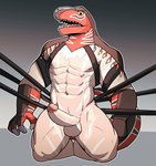 2022 abs balls biceps bound clothing erection fighting_ring genitals gloves handwear hi_res humanoid humanoid_genitalia humanoid_penis jrjresq king_of_dinosaurs king_of_fighters male mask muscular muscular_humanoid muscular_male nipples non-mammal_balls non-mammal_nipples pecs penis snk solo teeth tizoc wrestler wrestling