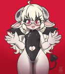 anthro blonde_hair breasts butt claws clothed clothing cutout eyewear fangs female glasses hair heart_clothing heart_cutout heart_leotard heart_symbol horn leotard navel navel_cutout red_eyes small_breasts solo spade_tail tail teeth wings bunnybits conditional_dnp victoria_(bunnybits) bovid caprine demon goat mammal 2020 hi_res