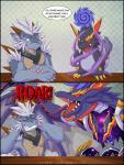 abygale_(buddyfight) angry anthro armor black_border border bushiroad chimera-song claws comic covering covering_ears dialogue disgust dragon english_text furniture future_card_buddyfight hair horn insult male muscular mythological_creature mythological_scalie mythology reptile scalie simple_background sitting space_armor standing table teeth text