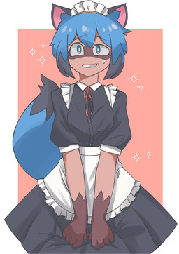 alternate_costume anthro apron biped black_highlights blue_eyes blue_hair bodily_fluids breasts clenched_teeth clothed clothing dipstick_tail dress facial_markings female fist front_view gloves_(marking) hair head_markings highlights_(coloring) holding_clothing holding_object kemono looking_at_viewer maid_headdress maid_uniform markings mask_(marking) medium_breasts nervous nervous_smile nervous_sweat one_eye_half-closed orange_body pink_background raised_tail simple_background solo sparkles standing sweat tail tail_markings teeth uniform goose_g3 brand_new_animal studio_trigger michiru_kagemori canid canine mammal raccoon_dog tanuki 2020 absurd_res hi_res portrait three-quarter_portrait
