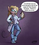 anthro blonde_hair breasts clipboard clothed clothing coat dialogue eyewear female fur glasses hair lab_coat open_mouth pink_nose solo tail tan_body tan_fur text topwear shieltar mammal mouse murid murine rodent 2022 english_text hi_res