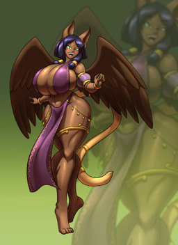 accessory anthro big_breasts black_hair bottomwear breasts brown_body brown_fur cleavage clothed clothing ear_piercing ear_ring female fur furgonomics green_eyes hair huge_breasts jewelry loincloth looking_at_viewer medium_hair midriff open_mouth piercing pupils ring ring_piercing sharp_teeth side_boob slit_pupils solo standing tail tail_accessory tail_jewelry tail_ring teeth thighlet wings toughset mythology felid mammal mythological_creature mythological_sphinx hi_res