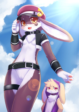 :< anthro belt black_nose blush bottomless breasts brown_body brown_fur chest_tuft claws clothed clothing cloud collar duo eyelashes facial_markings female fur hat head_markings headgear headwear heart_symbol hoodie jacket legband looking_at_viewer male markings navel open_mouth orange_eyes outside partially_clothed pawpads paws red_eyes sky skyscape small_breasts smile teeth topwear tuft white_body white_fur wristband yellow_body yellow_fur wolflong lagomorph leporid mammal rabbit absurd_res character_request hi_res