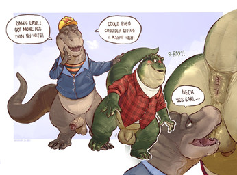 3_toes 4_fingers anal anthro anus balls big_balls blush bodily_fluids bottomless brown_body brown_scales clothed clothing dialogue duo feet finger_on_chin fingers flaccid foreskin genitals green_body green_scales half-erect jacket lighter_belly looking_at_another looking_back looking_back_at_another male male/male male_rimming_male nose_on_butt nose_to_anus oral partially_retracted_foreskin pattern_clothing pattern_shirt pattern_topwear penis perineum plaid plaid_clothing plaid_topwear raised_tail rimming saliva saliva_on_anus scales sex sharp_teeth shirt shirt_only simple_background speech_bubble striped_clothing striped_shirt striped_topwear stripes tail teeth text toes topwear topwear_only undershirt banana_da_boi dinosaurs_(series) robbie_sinclair roy_hess dinosaur megalosaurid megalosaurus prehistoric_species reptile saurischian scalie theropod tyrannosaurid tyrannosauroid tyrannosaurus tyrannosaurus_rex english_text hi_res multiple_scenes