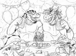anthro balloon beverage bodily_fluids cheek_spikes clothed clothing duo_focus eyebrow_piercing eyes_closed facial_piercing facial_spikes food frill_(anatomy) frill_piercing furgonomics furry-specific_piercing group happy holding_beverage holding_object horn inflatable inside male mouth_closed open_mouth open_smile party piercing saliva saliva_string shirt smile spikes spikes_(anatomy) t-shirt topwear crazydrak mythology alligator alligatorid crocodilian dragon fish marine mythological_creature mythological_scalie reptile scalie shark 2013 dated monochrome signature