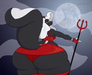 anthro big_butt blue_eyes breasts butt clothed clothing copyright_symbol costume curvy_figure female fingerless_gloves gloves hair handwear holidays huge_butt huge_hips huge_thighs hyper hyper_hips moon night panties solo symbol thick_thighs underwear voluptuous white_hair wide_hips satsumalord halloween chelsea_(satsumalord) mammal mephitid skunk 2015
