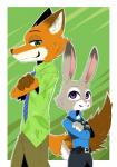 2016 anthro canid canine clothed clothing disney duo female fox fur garakutea green_eyes hi_res judy_hopps lagomorph larger_male leporid male mammal nick_wilde purple_eyes rabbit simple_background size_difference smaller_female zootopia
