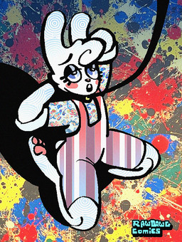 anthro cheek_spots clothing collar femboy half-closed_eyes kneeling leash male narrowed_eyes open_mouth overalls pawpads paws pink_pawpads solo submissive submissive_anthro submissive_male rawdawgcomics bingus_(rawdawgcomics) lagomorph leporid mammal rabbit hi_res
