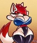 anthro big_breasts breasts clothing female hair logo red_hair solo tail thick_thighs white_body yellow_eyes arturfox chara_senko_yukimoto canid canine fox mammal artist_logo hi_res