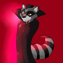 anthro black_body black_fur black_hair eyebrows fangs fur grey_body grey_fur hair male raccoon_tail raised_eyebrow red_background red_eyes simple_background smile solo teeth vampire_costume pandottermon mammal procyonid raccoon vampire 1:1 hi_res