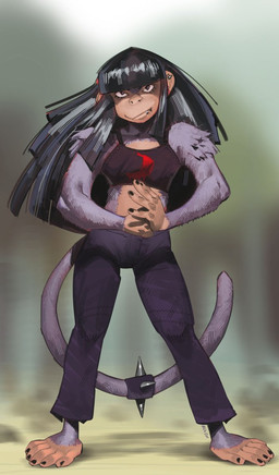 5_fingers 5_toes accessory alternative_fashion anthro arm_tuft bangs barefoot biped black_eyes black_hair black_nails blunt_bangs blurred_background bottomwear clothed clothed_anthro clothed_female clothing colored_nails crop_top ear_piercing eyelashes facial_piercing feet female female_anthro fingers fist_in_palm front_view fully_clothed fully_clothed_anthro fully_clothed_female fur furgonomics goth grey_body grey_fur hair labret_piercing lip_piercing long_hair long_tail looking_at_viewer midriff mouth_closed multicolored_body nails pants piercing plantigrade prehensile_feet purple_bottomwear purple_clothing purple_crop_top purple_pants purple_shirt purple_topwear shirt shoulder_tuft solo spiked_tailband spikes tail tail_accessory tailband tan_body tan_face tan_feet tan_hands toes topwear tuft two_tone_body roydrome beth_(redustheriotact) haplorhine mammal monkey primate 2024 full-length_portrait hi_res portrait