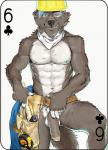 abs anthro armor balls biceps biped canid canine canis card card_template clubs_(suit) construction_worker copyright_symbol digital_media_(artwork) fonyaa foreskin fur genitals hair hammer headgear helmet male mammal muscular muscular_anthro muscular_male nude pecs penis playing_card playing_card_template simple_background six_of_clubs smile solo standing suit_symbol symbol teeth tools white_balls wolf worker