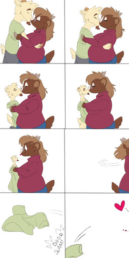 anthro brown_body brown_fur clothed clothed_anthro clothed_female clothing female fully_clothed fully_clothed_anthro fully_clothed_female fur heart_symbol kissing larger_female male shrinking size_difference size_transformation smaller_male transformation transformation_through_kiss goattrain al_(goattrain) bovid caprine goat mammal 1:2 absurd_res comic digital_media_(artwork) hi_res