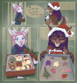 5_fingers albino apron blue_eyes bodily_fluids bow_ribbon brown_body brown_fur buttplug christmas_clothing christmas_cookies christmas_tree clothing colored_nails cookie cum duo ear_markings ear_tuft female female/female fingers flower fluffy fluffy_tail food fur genital_fluids genitals gingerbread_man hair heart_symbol holding_present holidays hooves icing icing_bag inner_ear_fluff nails parchment penis pink_hair plant plug_(sex_toy) present_box purple_hair rose_(flower) scarf sex_toy snowman speech_bubble star sweater tail topwear tray tree tuft vulva yellow_eyes purliwhite christmas bianca_(purliwhite) purli canid canine canis deer domestic_cat felid feline felis hybrid mammal wolf comic hi_res