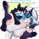 anthro blue_eyes blue_tongue breast_lick breast_play breasts cloven_hooves dialogue duo female fur fur_growth genitals growth hooves legs_up licking long_ears male male/female mask mid_transformation predator/prey pussy text tongue white_body white_fur pomiart league_of_legends riot_games tencent kindred_(lol) lamb_(lol) wolf_(lol) bovid canid canine canis caprine mammal sheep wolf 1:1 english_text hi_res