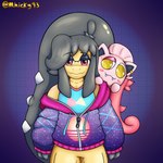 2_mouth anthro clothing hoodie synthwave topwear vaporwave mhicky93 nintendo pokemon mhicky_(mhicky93) tiva_(mhicky93) ancient_pokemon generation_3_pokemon generation_9_pokemon mawile paradox_pokemon pokemon_(species) scream_tail absurd_res hi_res