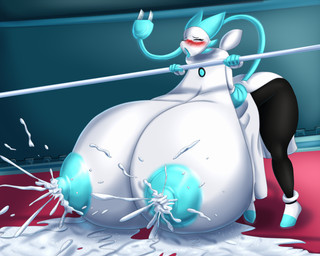 anthro areola bent_over big_breasts blue_areola blue_nipples blush bodily_fluids breasts female floating_hands huge_breasts hyper hyper_breasts lactating machine milk nipples open_mouth solo tongue tongue_out blues64 marauder6272 deltarune undertale_(series) tasque_manager darkner felid mammal robot 5:4 absurd_res hi_res