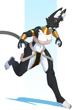 anthro armband black_body black_fur bottomwear breasts chest_wraps claws cloth clothed clothing ear_piercing ear_ring egyptian egyptian_clothing eyelashes fangs female finger_claws fur gold_(metal) gold_jewelry inner_ear_fluff jewelry loincloth makeup mascara multicolored_body multicolored_fur navel necklace piercing pupils red_eyes ring_piercing shadow simple_background skimpy solo tail teeth tight_clothing toe_claws tuft two_tone_body two_tone_fur usekh whiskers white_background white_body white_fur white_inner_ear white_inner_ear_fluff wraps wristband yellow_sclera phenalia titanogoro bacardi_(muart242) domestic_cat felid feline felis mammal 2026 absurd_res hi_res