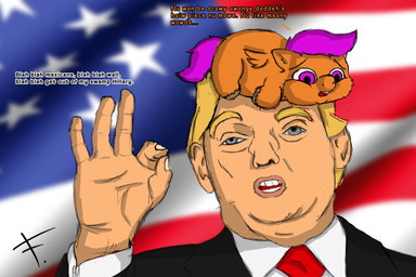 ambiguous_feral ambiguous_gender american_flag baby_talk blonde_eyebrows blonde_hair carrying_another clothed clothed_human clothing dialogue duo eyebrows feral flag flag_background fur gesture grey_eyes hair hand_gesture male male_human neonate ok_sign on_head open_mouth orange_body orange_fur pink_eyes pink_hair pink_tail politics quadruped scared tail tan_body tan_skin teeth text united_states_of_america what young young_ambiguous young_feral titanfluff fluffy_pony real_world donald_trump fluffy_pony_(species) human mammal 3:2 digital_media_(artwork) english_text hi_res shaded